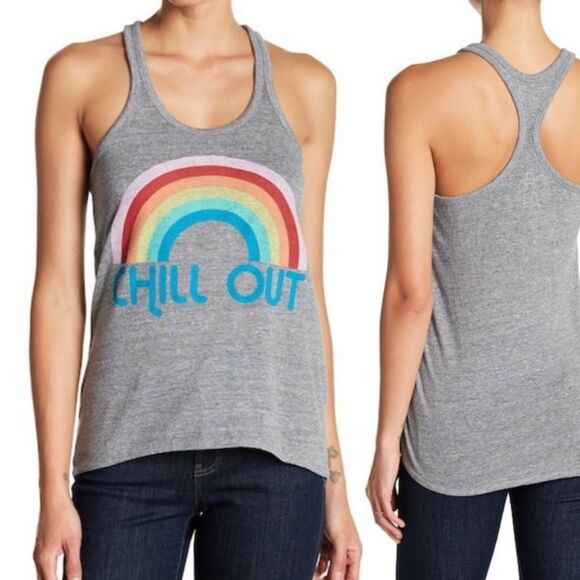 NWT Chaser Scoop-neck Chill Out Rainbow Retro Tank Top in Grey / Gray Medium - Picture 1 of 7